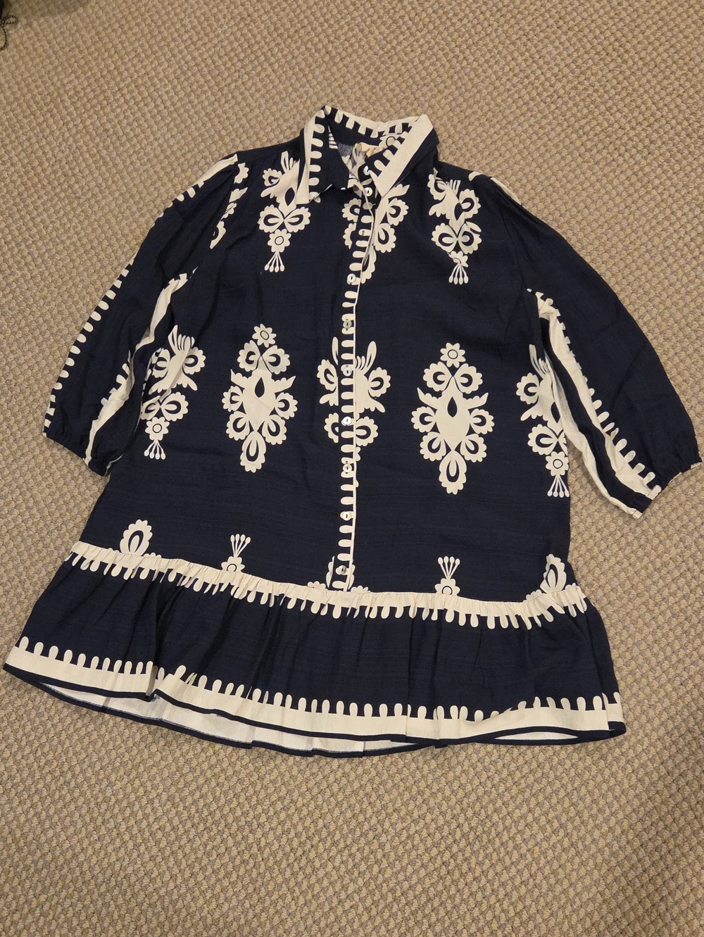Umgee Navy and White Embroidered Shift Tunic Dress Sz M